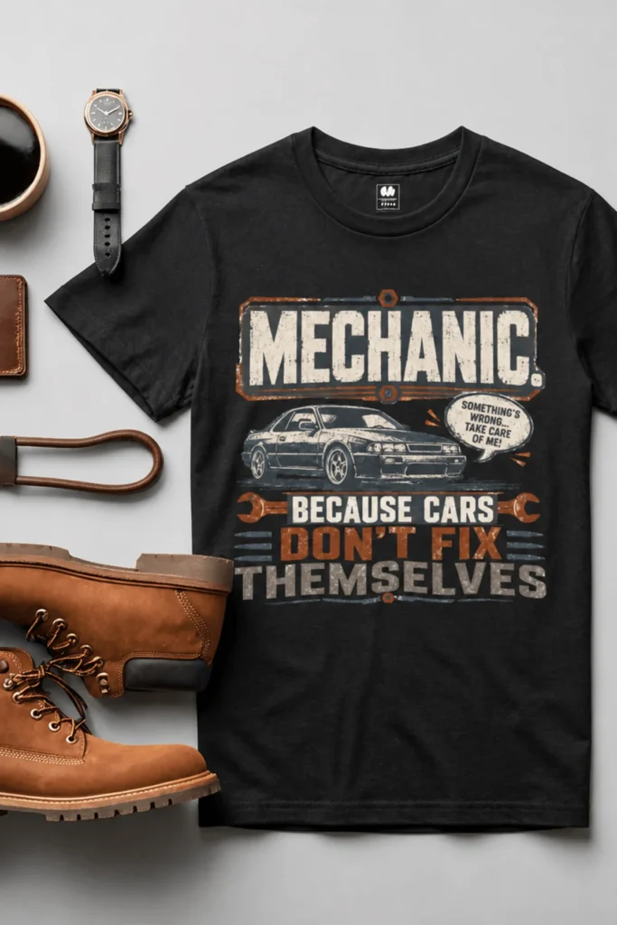 Mechanic Tee — "Mechanic. Because Cars Don't Fix Themselves" Funny Vintage Auto Technician Repair Shirt — black t-shirt, flat-lay product photo | Pressure Tested Co