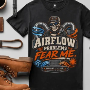 Airflow Problems Fear Me T-Shirt — HVAC Technician Skull Logo Tee — black t-shirt, flat-lay product photo | Pressure Tested Co