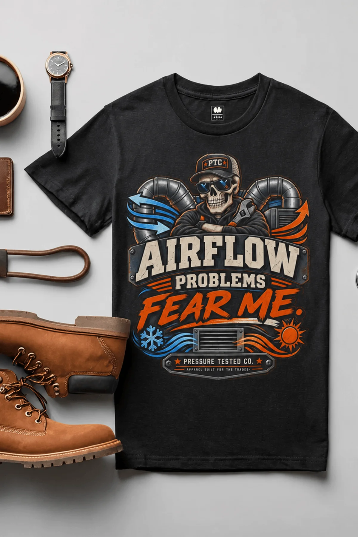 Airflow Problems Fear Me T-Shirt — HVAC Technician Skull Logo Tee — black t-shirt, flat-lay product photo | Pressure Tested Co