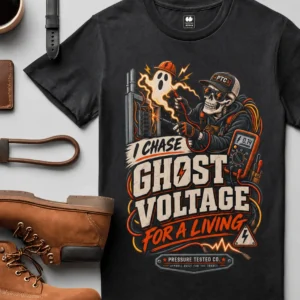 Ghost Voltage T-Shirt — 'I Chase Ghost Voltage for a Living' Vintage Electrician Tee — black t-shirt, flat-lay product photo | Pressure Tested Co