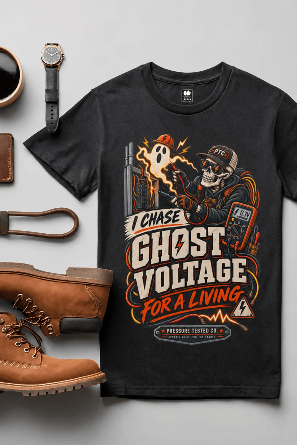Ghost Voltage T-Shirt — 'I Chase Ghost Voltage for a Living' Vintage Electrician Tee — black t-shirt, flat-lay product photo | Pressure Tested Co