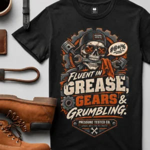 Mechanic Skull T-Shirt — "Fluent in Grease, Gears and Grumbling" Graphic Tee — black t-shirt, flat-lay product photo | Pressure Tested Co