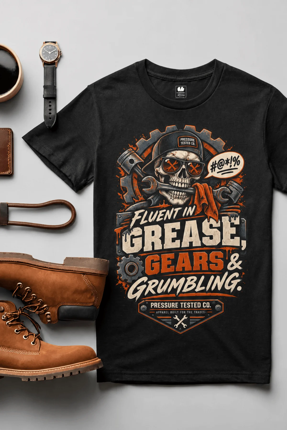 Mechanic Skull T-Shirt — "Fluent in Grease, Gears and Grumbling" Graphic Tee — black t-shirt, flat-lay product photo | Pressure Tested Co