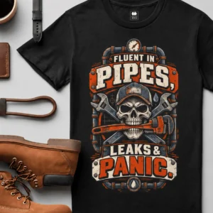 Plumber Skull T-Shirt — "Fluent in Pipes, Leaks and Panic" Workwear Tee — black t-shirt, flat-lay product photo | Pressure Tested Co
