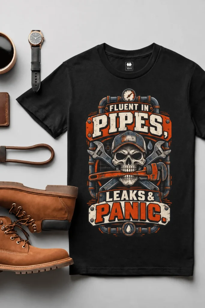 Plumber Skull T-Shirt — "Fluent in Pipes, Leaks and Panic" Workwear Tee — black t-shirt, flat-lay product photo | Pressure Tested Co
