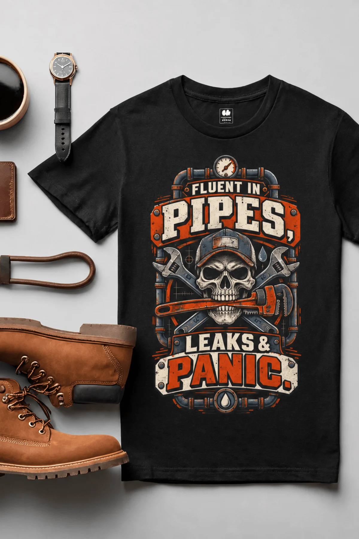 Plumber Skull T-Shirt — "Fluent in Pipes, Leaks and Panic" Workwear Tee — black t-shirt, flat-lay product photo | Pressure Tested Co