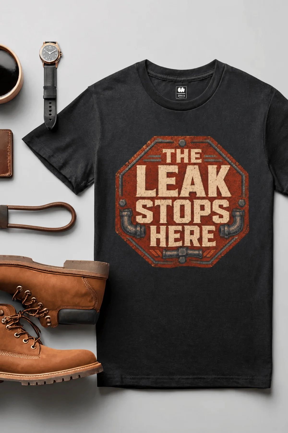 "The Leak Stops Here" Stop Sign Badge Style — Plumbing Repair Tech Humorous Tee — black t-shirt, flat-lay product photo | Pressure Tested Co