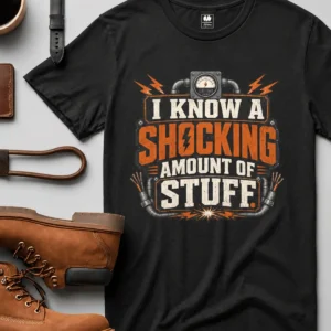 I Know A Shocking Amount Of Stuff T-Shirt — Electrician Science Humorous Tee — black t-shirt, flat-lay product photo | Pressure Tested Co