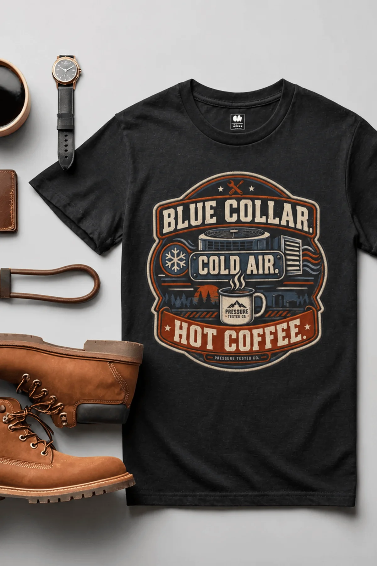 'Blue Collar. Cold Air. Hot Coffee.' T-Shirt — Funny Retro Industrial HVAC Tee — black t-shirt, flat-lay product photo | Pressure Tested Co