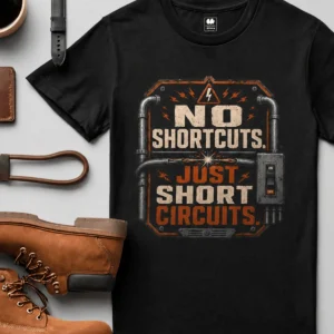 No Shortcuts Just Short Circuits T-Shirt — Funny Retro Industrial Electrician Tee — black t-shirt, flat-lay product photo | Pressure Tested Co