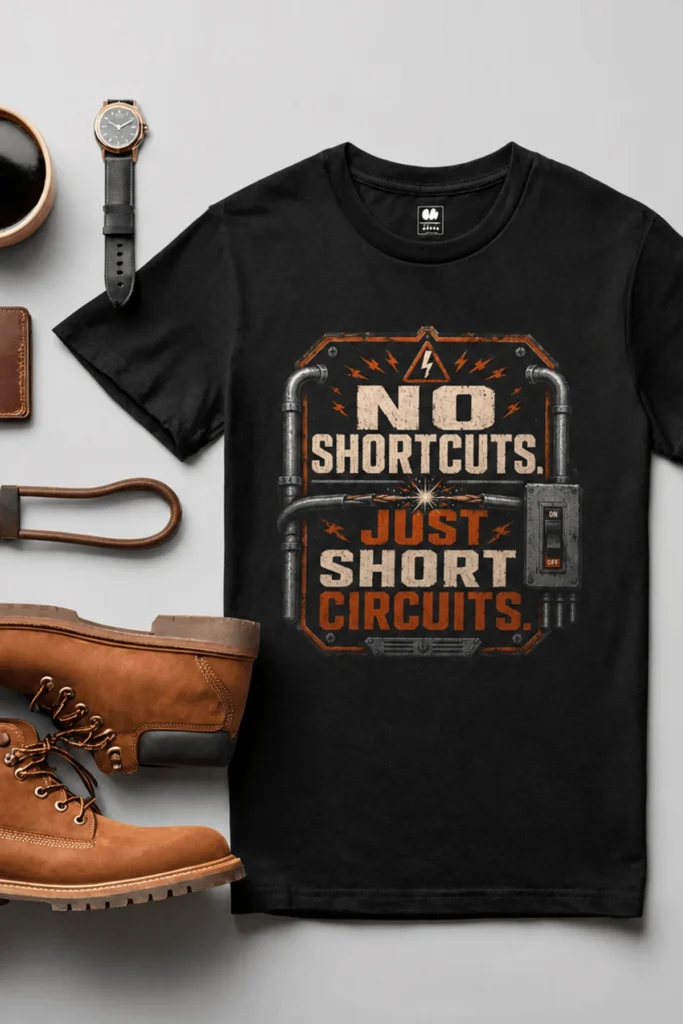 No Shortcuts Just Short Circuits T-Shirt — Funny Retro Industrial Electrician Tee — black t-shirt, flat-lay product photo | Pressure Tested Co