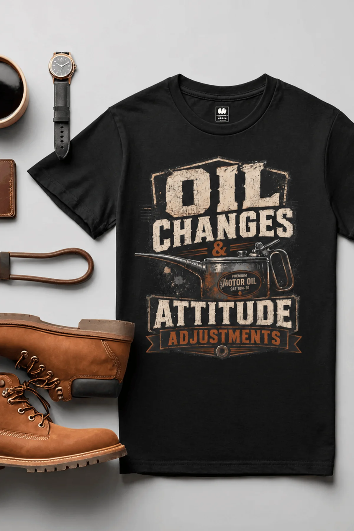 'Oil Changes and Attitude Adjustments' T-Shirt — Funny Retro Industrial Mechanic's Tee — black t-shirt, flat-lay product photo | Pressure Tested Co