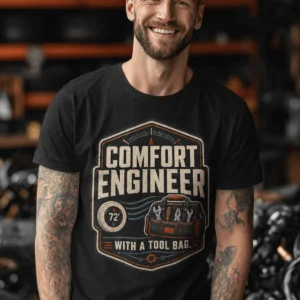 HVAC Tech T-Shirt — "Comfort Engineer" Vintage Tee with a Tool Bag — black t-shirt, model photo | Pressure Tested Co