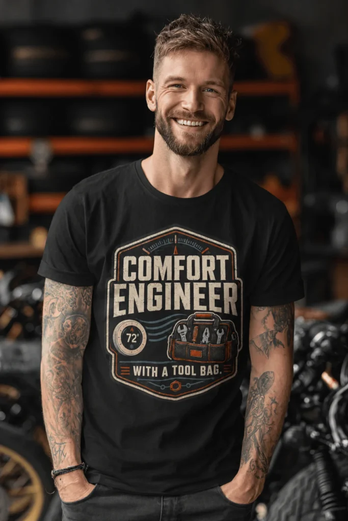 HVAC Tech T-Shirt — "Comfort Engineer" Vintage Tee with a Tool Bag — black t-shirt, model photo | Pressure Tested Co