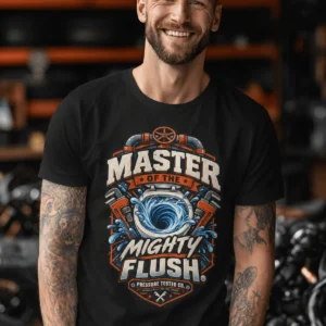 Master of the Mighty Flush T-Shirt — Plumber/Funny Toilet Repair Tee — black t-shirt, model photo | Pressure Tested Co
