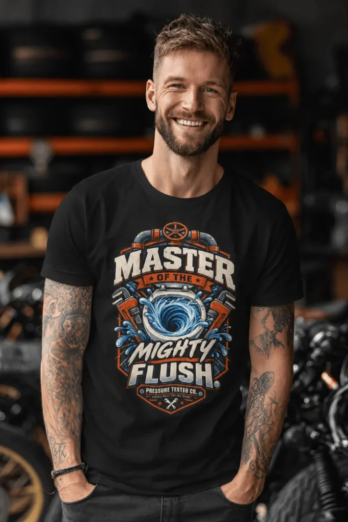 Master of the Mighty Flush T-Shirt — Plumber/Funny Toilet Repair Tee — black t-shirt, model photo | Pressure Tested Co