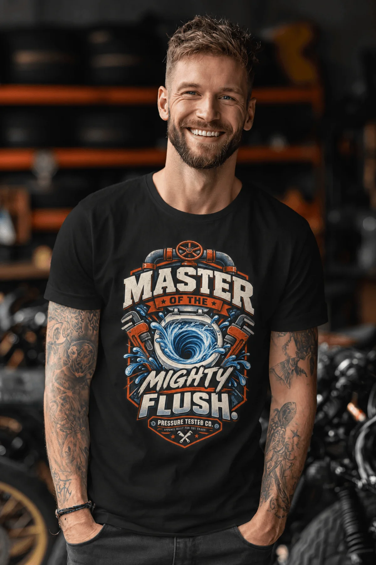 Master of the Mighty Flush T-Shirt — Plumber/Funny Toilet Repair Tee — black t-shirt, model photo | Pressure Tested Co