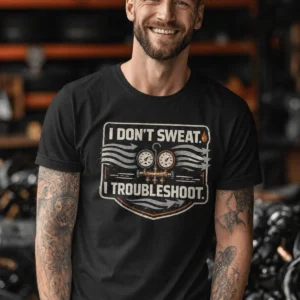 HVAC Tech T-Shirt – "I Don't Sweat. I Troubleshoot." Retro Tech Shirt — black t-shirt, model photo | Pressure Tested Co
