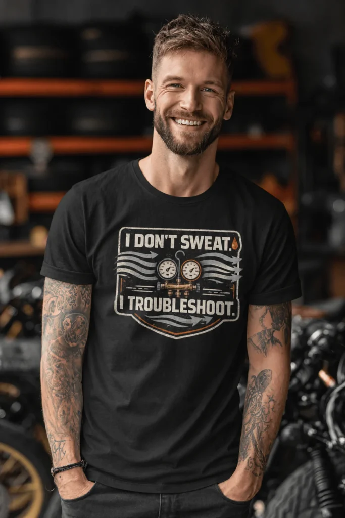 HVAC Tech T-Shirt – "I Don't Sweat. I Troubleshoot." Retro Tech Shirt — black t-shirt, model photo | Pressure Tested Co