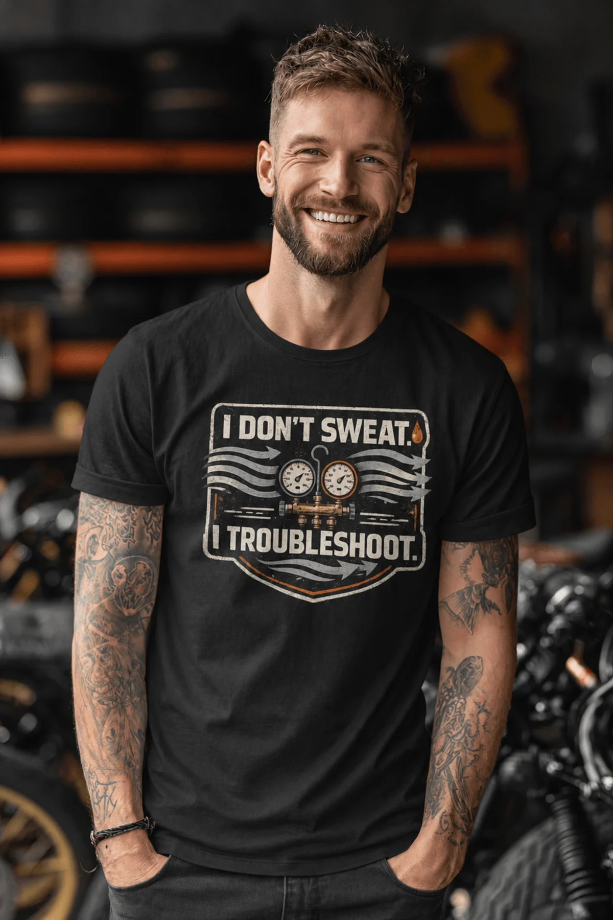 HVAC Tech T-Shirt – "I Don't Sweat. I Troubleshoot." Retro Tech Shirt — black t-shirt, model photo | Pressure Tested Co