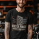 T-Shirt — "Filter First. Ask Questions Later." HVAC Air Filter Graphic — black t-shirt, model photo | Pressure Tested Co