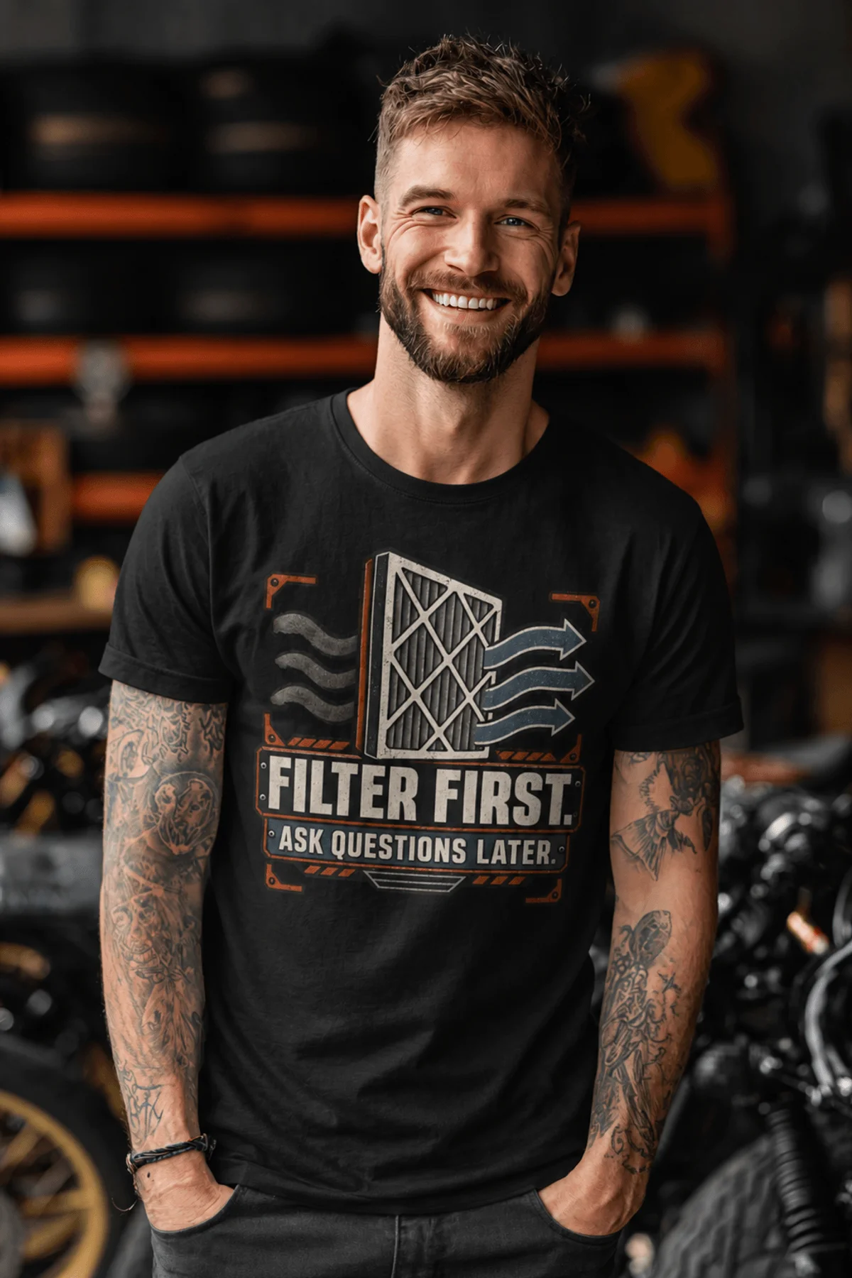 T-Shirt — "Filter First. Ask Questions Later." HVAC Air Filter Graphic — black t-shirt, model photo | Pressure Tested Co