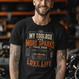 T-Shirt — "My Toolbox Has More Sparks Than Your Love Life" Electrician/Mechanic Workshop Tee — black t-shirt, model photo | Pressure Tested Co