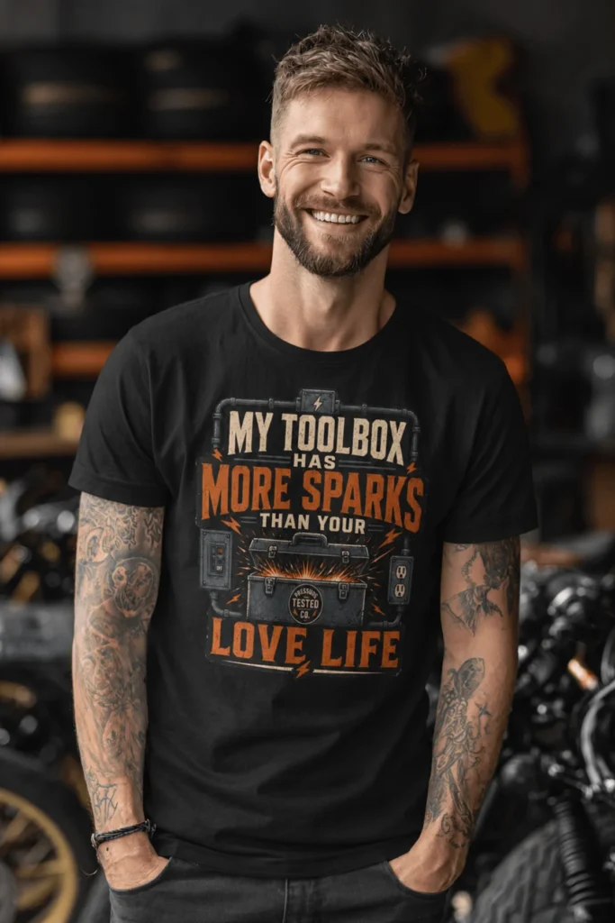 T-Shirt — "My Toolbox Has More Sparks Than Your Love Life" Electrician/Mechanic Workshop Tee — black t-shirt, model photo | Pressure Tested Co