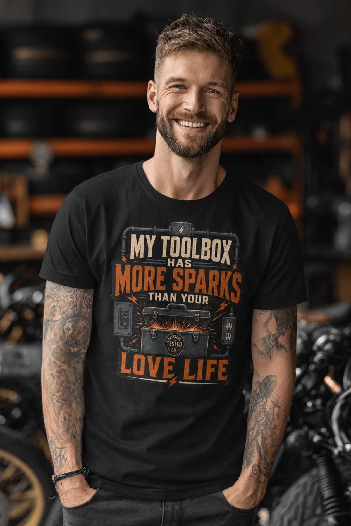 T-Shirt — "My Toolbox Has More Sparks Than Your Love Life" Electrician/Mechanic Workshop Tee — black t-shirt, model photo | Pressure Tested Co