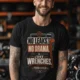 "No Leaks, No Drama, Just Wrenches" Vintage Plumbing Tee — black t-shirt, model photo | Pressure Tested Co
