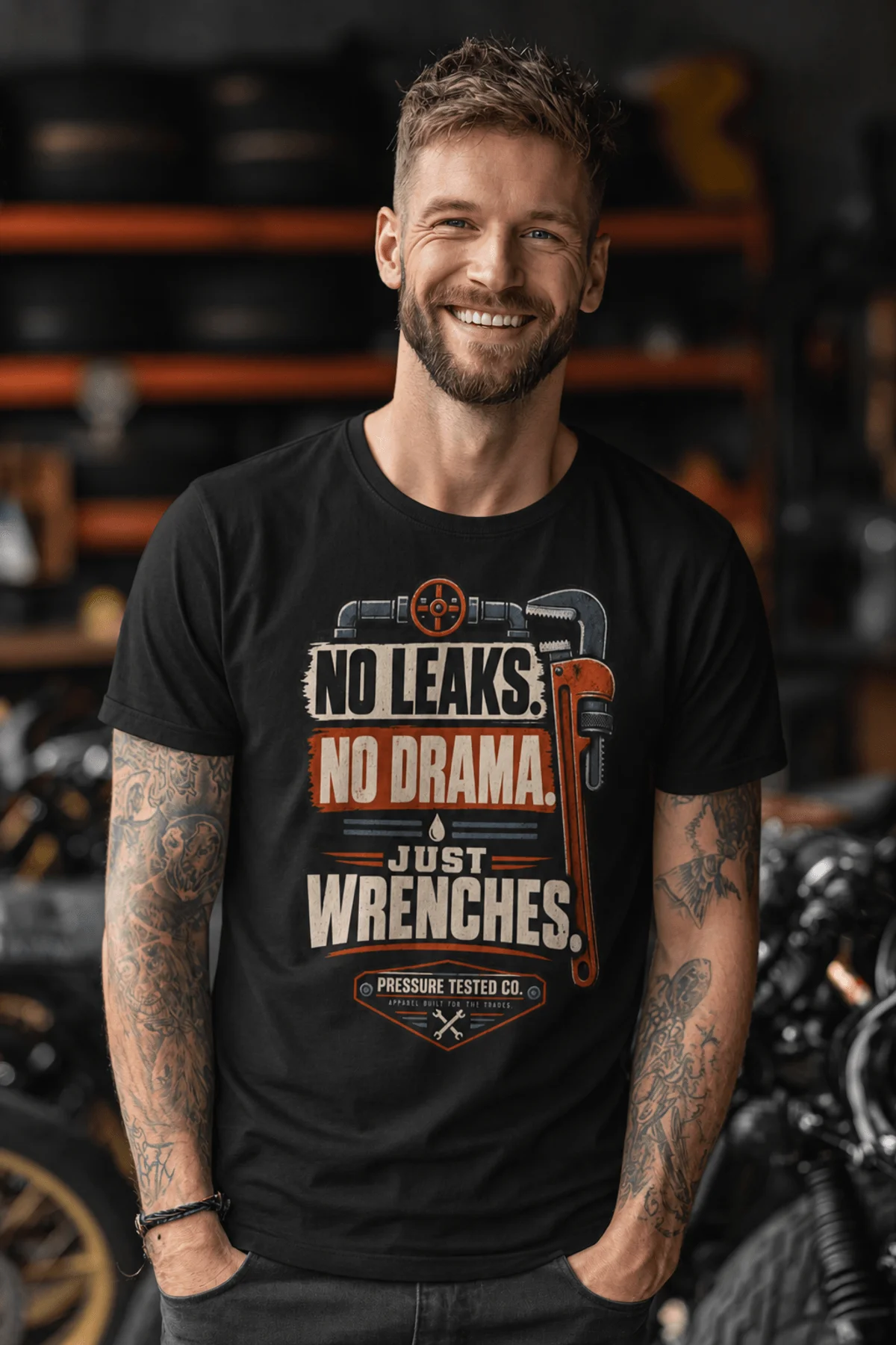 "No Leaks, No Drama, Just Wrenches" Vintage Plumbing Tee — black t-shirt, model photo | Pressure Tested Co