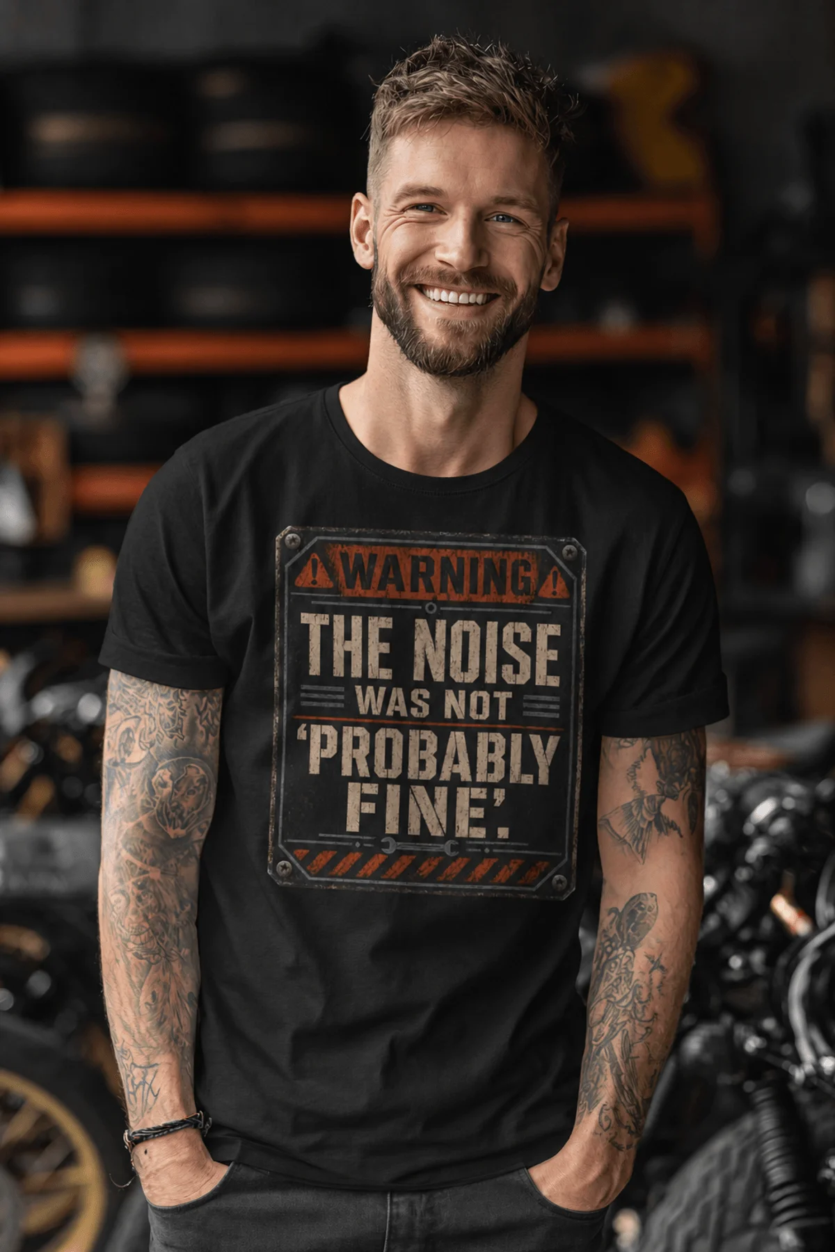 Warning Sign T-Shirt — "The Noise Was Not 'Probably Fine'" Vintage Graphic Tee — black t-shirt, model photo | Pressure Tested Co