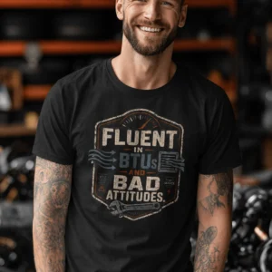 HVAC Tech T‑Shirt – "Fluent In BTUs And Bad Attitudes" — black t-shirt, model photo | Pressure Tested Co