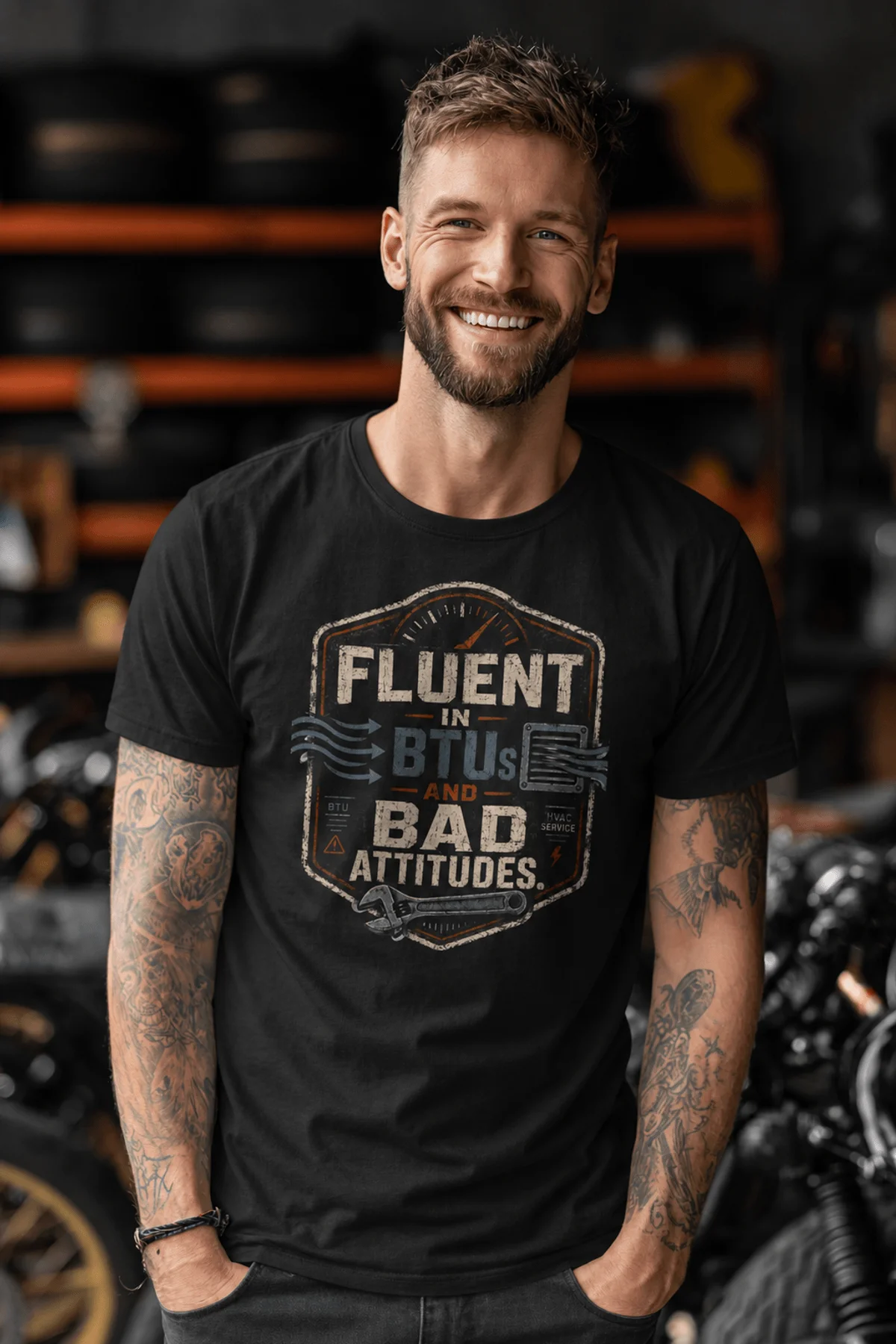 HVAC Tech T‑Shirt – "Fluent In BTUs And Bad Attitudes" — black t-shirt, model photo | Pressure Tested Co