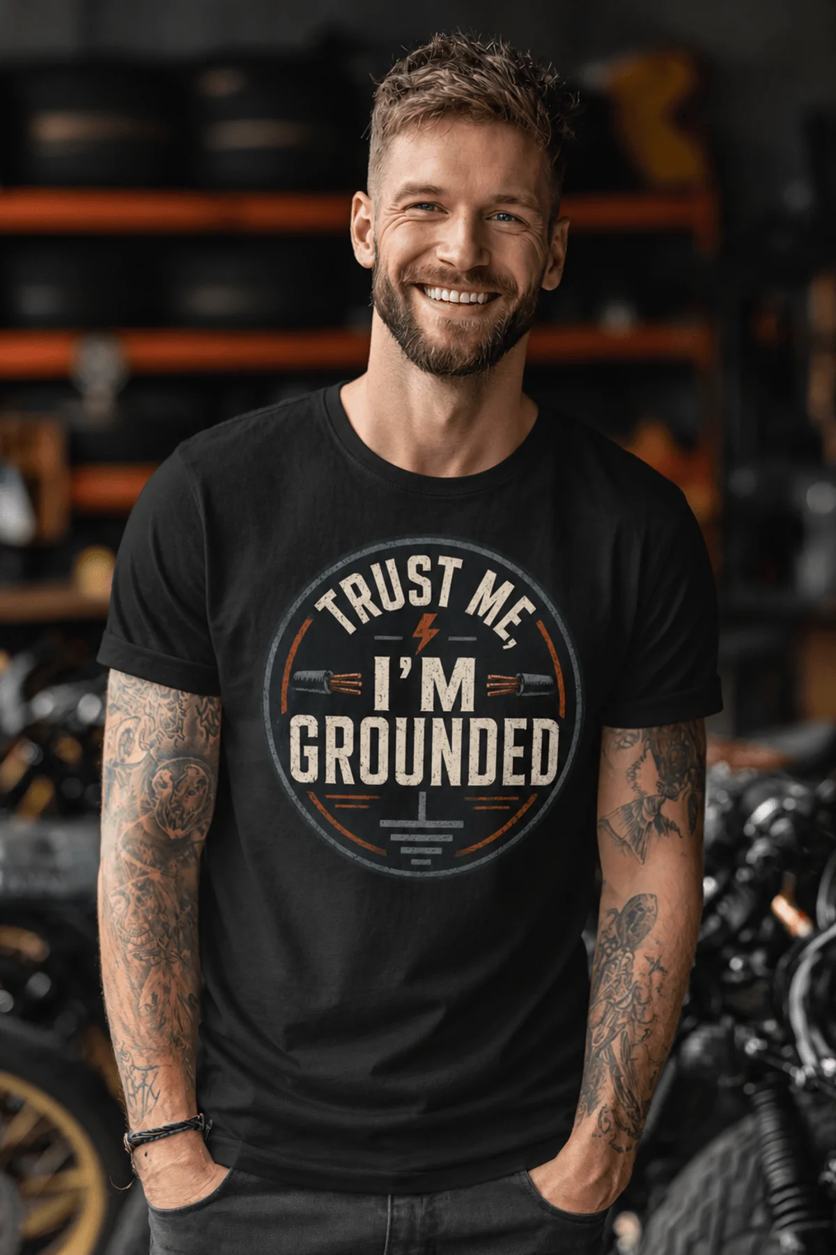 Grounded T‑Shirt – "Trust Me I'm Grounded" Electrical Tech Tee — black t-shirt, model photo | Pressure Tested Co