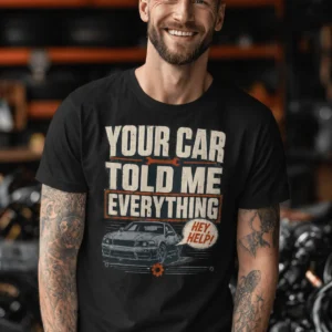 Mechanic T‑Shirt – "Your Car Told Me Everything" Vintage Graphic Design Tee — black t-shirt, model photo | Pressure Tested Co