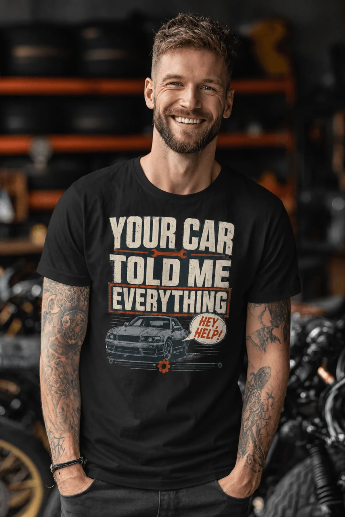 Mechanic T‑Shirt – "Your Car Told Me Everything" Vintage Graphic Design Tee — black t-shirt, model photo | Pressure Tested Co