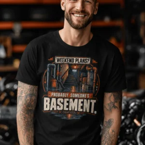 Plumber T‑Shirt – "Weekend Plans? Probably Someone's Basement" Vintage Graphic Design Tee — black t-shirt, model photo | Pressure Tested Co