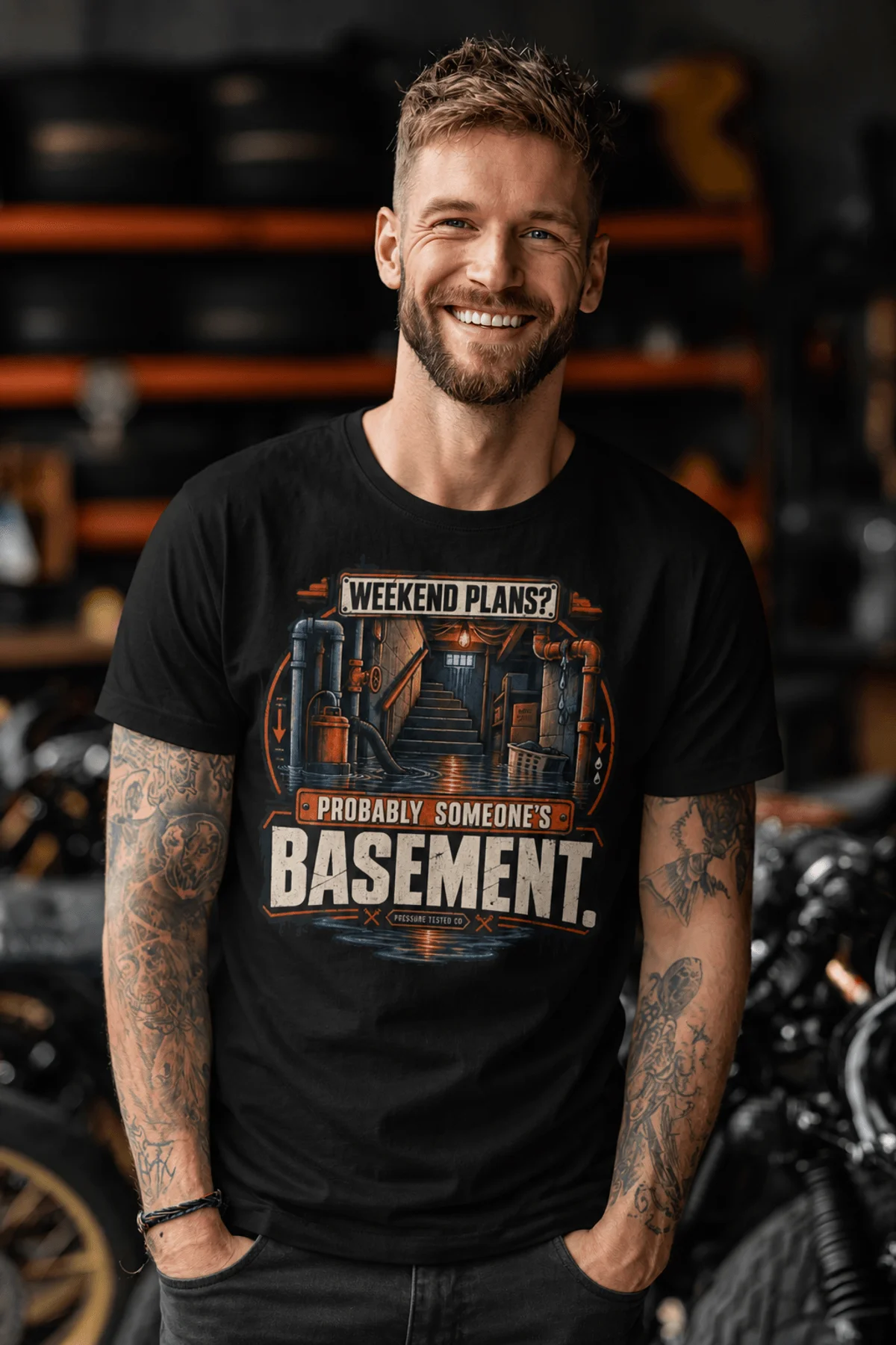 Plumber T‑Shirt – "Weekend Plans? Probably Someone's Basement" Vintage Graphic Design Tee — black t-shirt, model photo | Pressure Tested Co