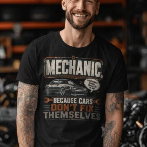 Mechanic Tee — "Mechanic. Because Cars Don't Fix Themselves" Funny Vintage Auto Technician Repair Shirt — black t-shirt, model photo | Pressure Tested Co