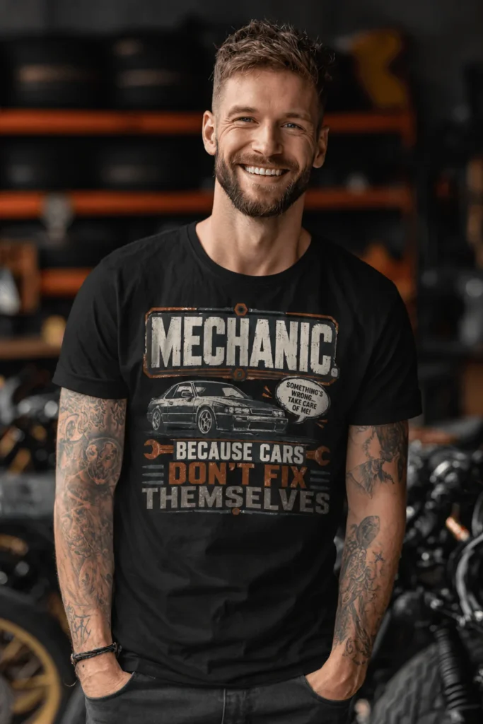 Mechanic Tee — "Mechanic. Because Cars Don't Fix Themselves" Funny Vintage Auto Technician Repair Shirt — black t-shirt, model photo | Pressure Tested Co