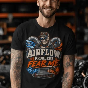 Airflow Problems Fear Me T-Shirt — HVAC Technician Skull Logo Tee — black t-shirt, model photo | Pressure Tested Co