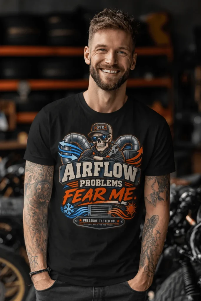Airflow Problems Fear Me T-Shirt — HVAC Technician Skull Logo Tee — black t-shirt, model photo | Pressure Tested Co