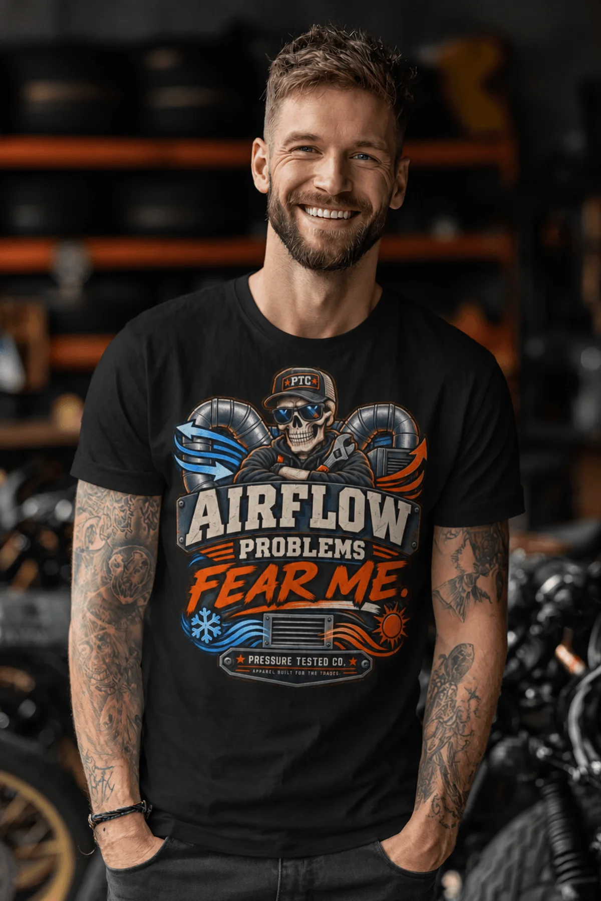 Airflow Problems Fear Me T-Shirt — HVAC Technician Skull Logo Tee — black t-shirt, model photo | Pressure Tested Co