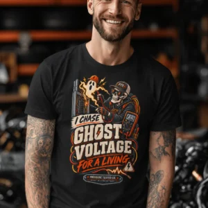 Ghost Voltage T-Shirt — 'I Chase Ghost Voltage for a Living' Vintage Electrician Tee — black t-shirt, model photo | Pressure Tested Co