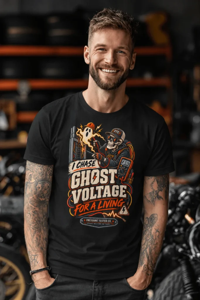 Ghost Voltage T-Shirt — 'I Chase Ghost Voltage for a Living' Vintage Electrician Tee — black t-shirt, model photo | Pressure Tested Co