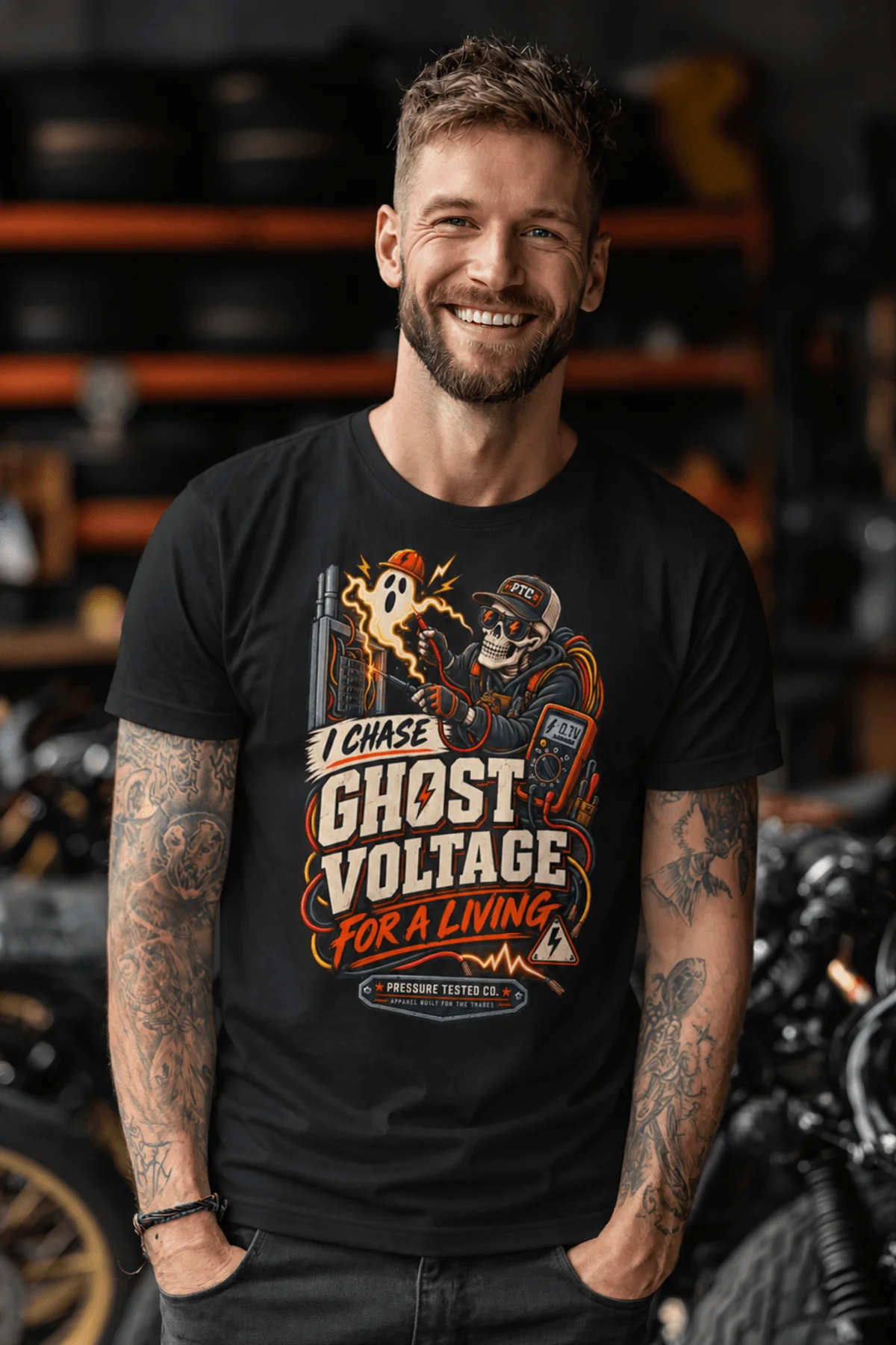 Ghost Voltage T-Shirt — 'I Chase Ghost Voltage for a Living' Vintage Electrician Tee — black t-shirt, model photo | Pressure Tested Co
