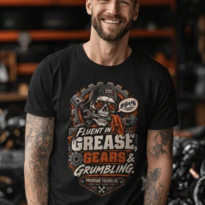 Mechanic Skull T-Shirt — "Fluent in Grease, Gears and Grumbling" Graphic Tee — black t-shirt, model photo | Pressure Tested Co