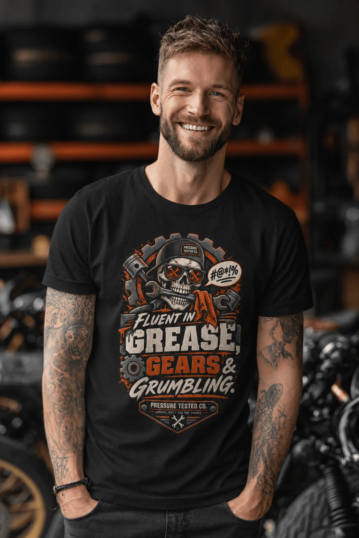 Mechanic Skull T-Shirt — "Fluent in Grease, Gears and Grumbling" Graphic Tee — black t-shirt, model photo | Pressure Tested Co