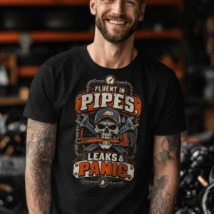 Plumber Skull T-Shirt — "Fluent in Pipes, Leaks and Panic" Workwear Tee — black t-shirt, model photo | Pressure Tested Co